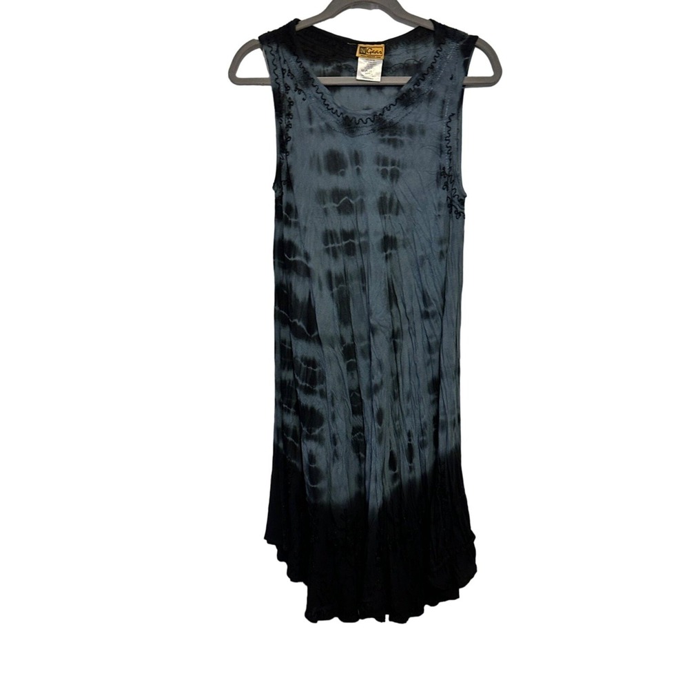 In Gear Dress Tie Dye‎ Boho Blue Black Embroidered OSFM Hippie Festival NWOT